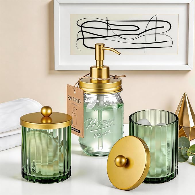 Amolliar Sage Green Glass Qtip Holder Dispenser, Bathroom Canister Apothecary - Image 8