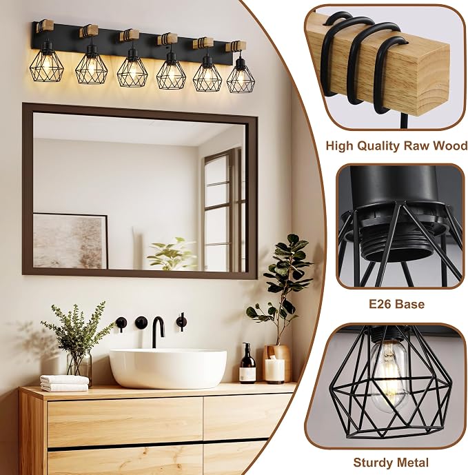 Farmhouse Bathroom Vanity Light Fixtures, 6-Light Wood Bathroom Light Fixtures - Image 4