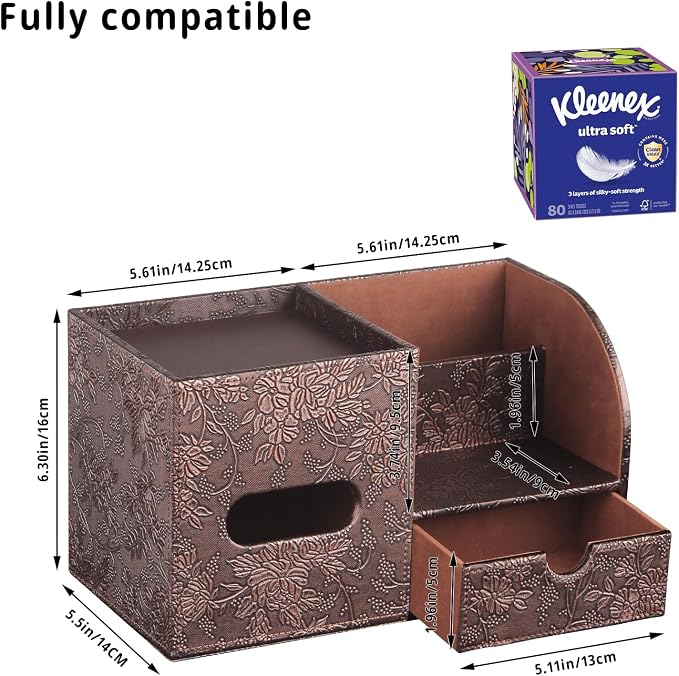 YAPISHI Tissue Box Cover with Storage Tray and Drawer, PU Leather Square Tissue - Image 3
