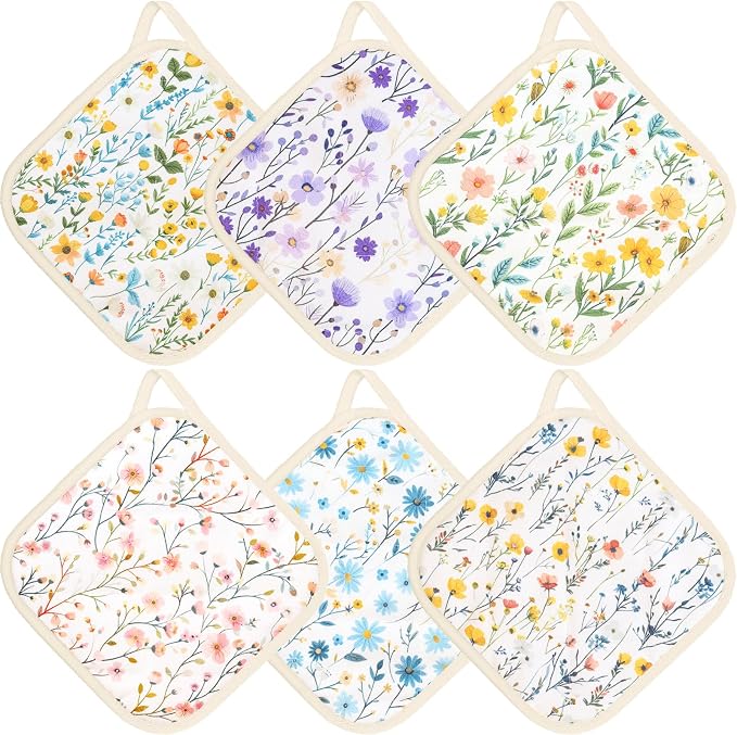 6 Pack Pot Holders 100% Cotton Heat Resistant Potholder, Machine Washable Pot by Unknown