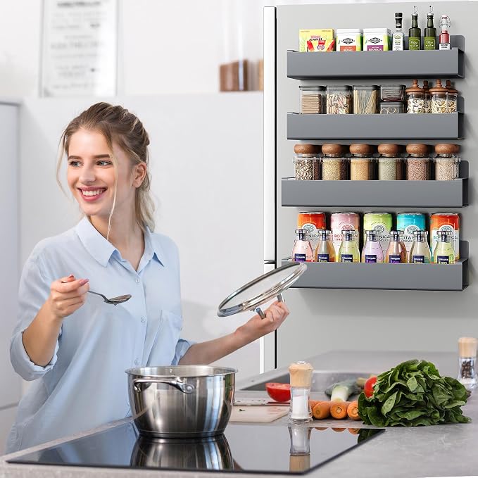 4 Pack Moveable Fridge Magnetic Spice Racks, Metal Grey - Image 5
