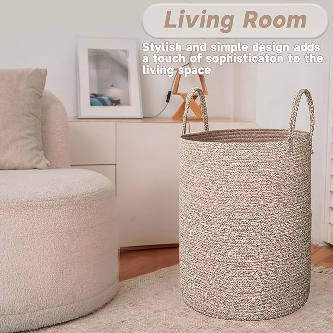 Large Woven Laundry Basket Hamper, 60L Cotton Rope Storage Bin - Image 3
