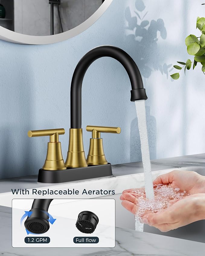 FORIOUS Black and Gold Bathroom Faucets, 4 Inch Centerset Bathroom Sink Faucet - Image 3