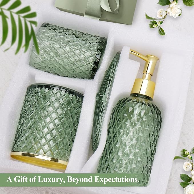 Green Bathroom Accessories 4Pcs of Glass Bathroom Counter Organizer Set - Image 6