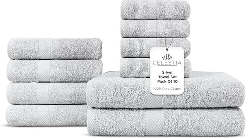 100% Cotton Bath Towel Set of 10-2 Bath Towels, 4 Hand Towels, 4 Wash Cloths by VillaCelestia
