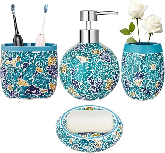 Handmade Blue Mosaic Glass Bathroom Accessory Sets 4PCS Bathroom Accessories by Unknown