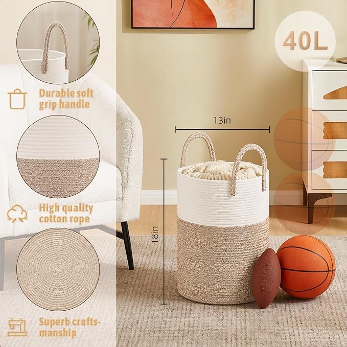 Laundry Basket, Woven Cotton Rope Laundry Hamper, 40L - Image 6