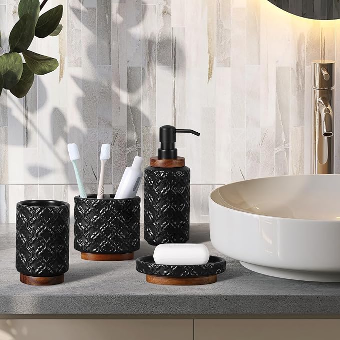 Elegant Bathroom Accessories Set 4 PCS Ceramic and Wood Bathroom Accessory Set - Image 6