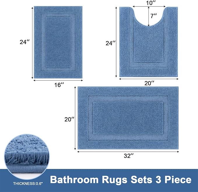 SHACOS 3 Piece Blue Bathroom Rugs Sets, Non Slip Soft Fluffy 16"x24" + 20"x32" - Image 3