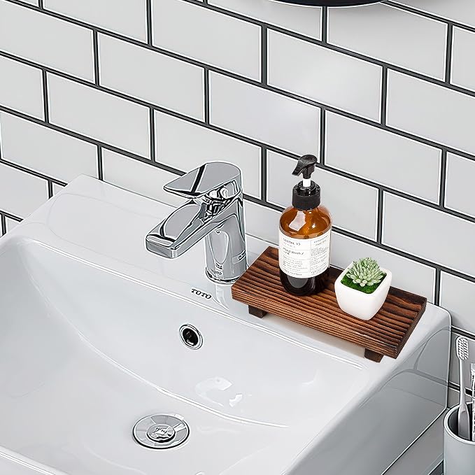Bathroom Counter Organizer Wood Pedestal Stand Farmhouse Decorative Tray Soap - Image 4