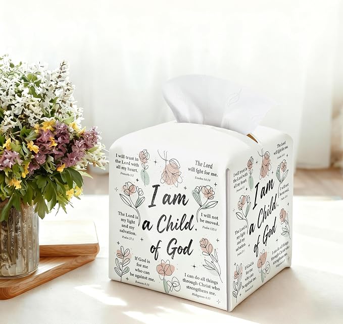 Inspirational Christian Tissue Box Cover Square, Religious Bible Verse Leather - Image 3