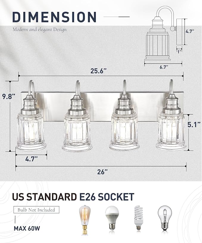 Brushed Nickel Bathroom Light, HWH 4-Light Vanity Lights - Image 2