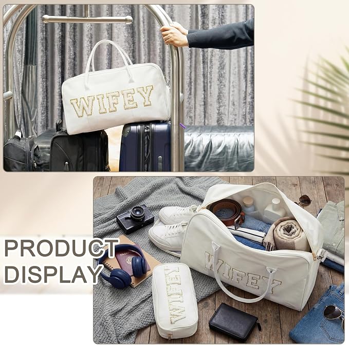 2 Pcs Wedding Weekender Bag Bride Groom Duffle Bag Chenille Letter Patch Travel - Image 6