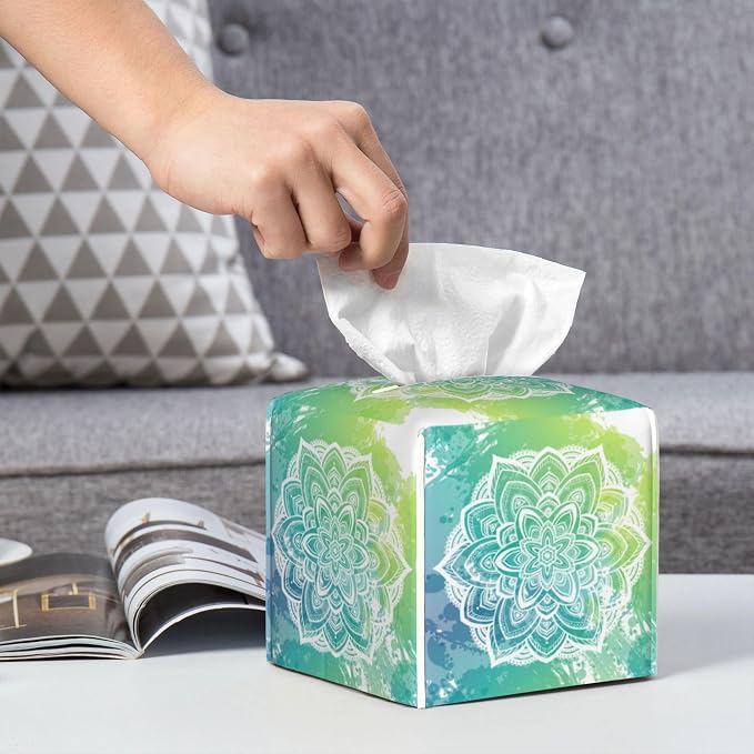 Green Boho Mandala Flower Tissue Box Cover Square, Abstract Mandala Floral - Image 6