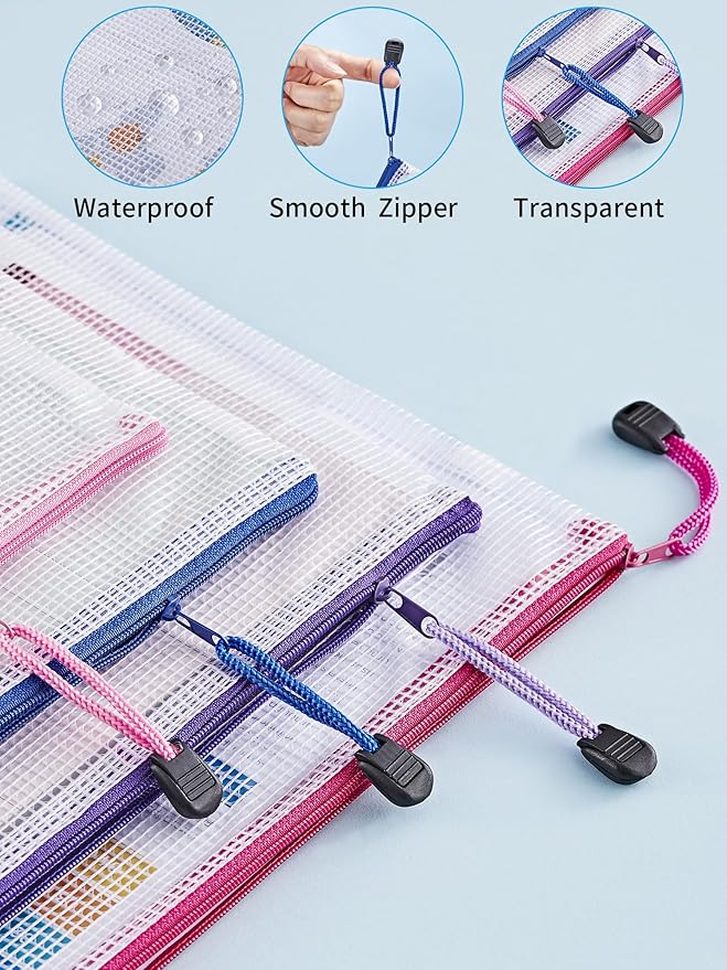 JARLINK 18 Pack 8 Sizes Mesh Pouch, 9 Colors, Waterproof Zipper Bags Document - Image 4