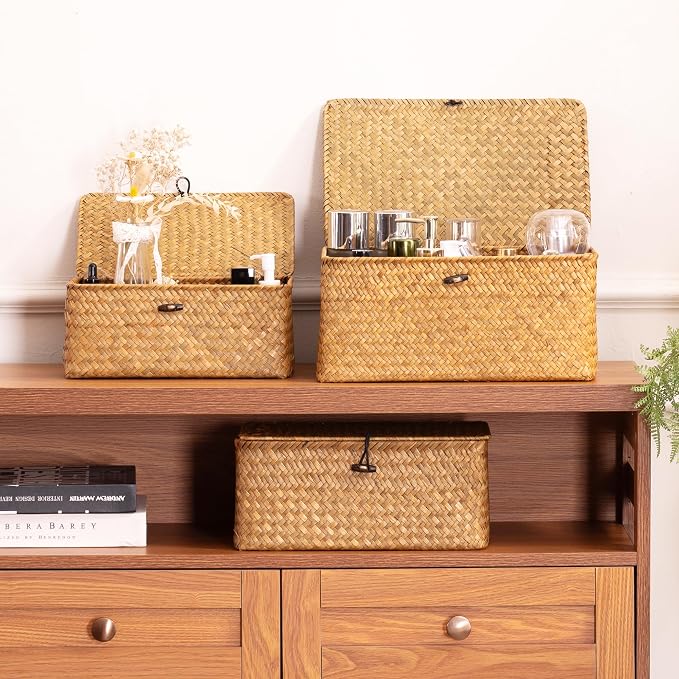 Nonam Small Basket with Lid, Natural Seagrass Bin with Lid, Shelf Baskets - Image 5