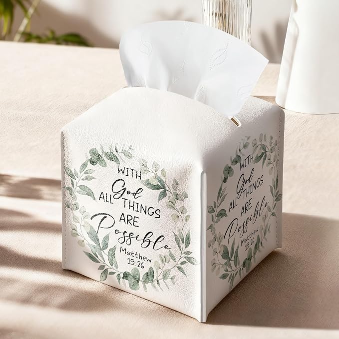 Eucalyptus Bible Verse Tissue Box Cover, PU Leather Drawstring Bottom - Image 9