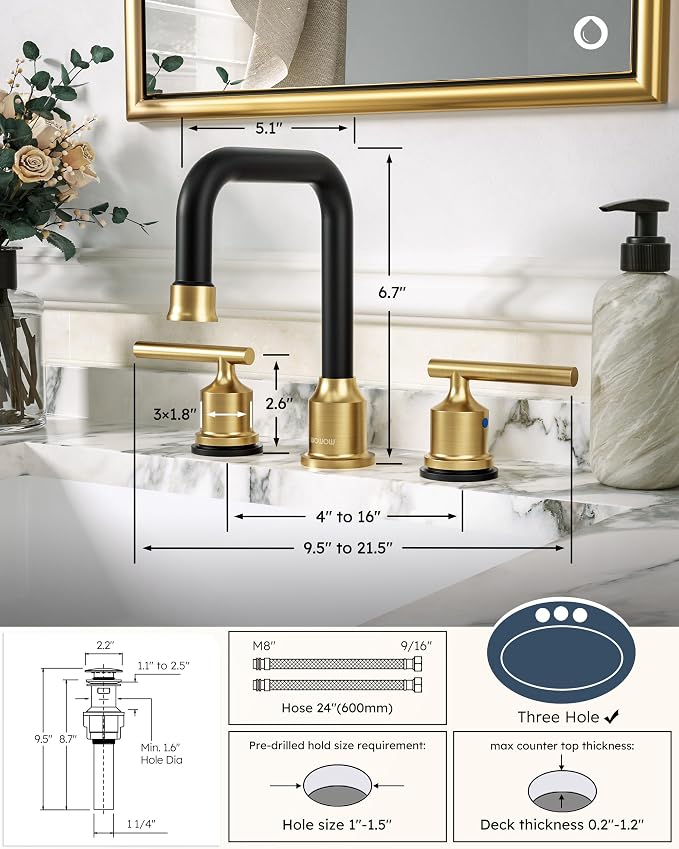 Black and Gold Bathroom Faucet: WOWOW Widespread Bathroom Sink Faucet 3 Hole - Image 7