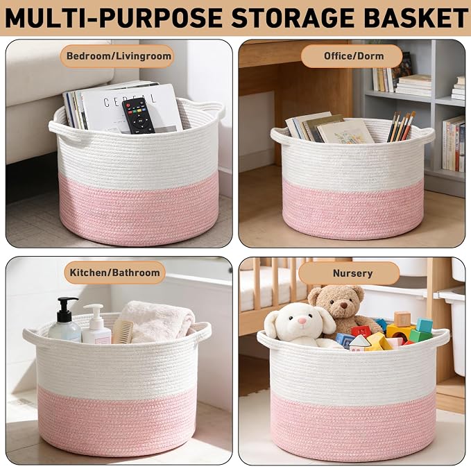 65L Large Blanket Basket, 19.7" L x 19.7" W x 13" H Rope Woven Baskets - Image 5