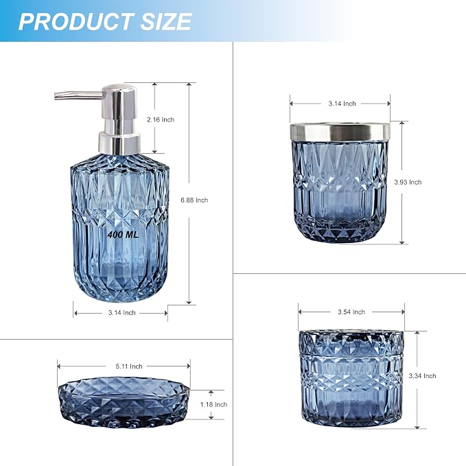 Blue Bathroom Accessories Set, Lotion Soap Dispenser, Toothbrush Holder - Image 7