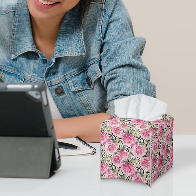 Rose Leopard Decorative Tissue Box Cover, Waterproof PU Leather Square Holder - Image 6