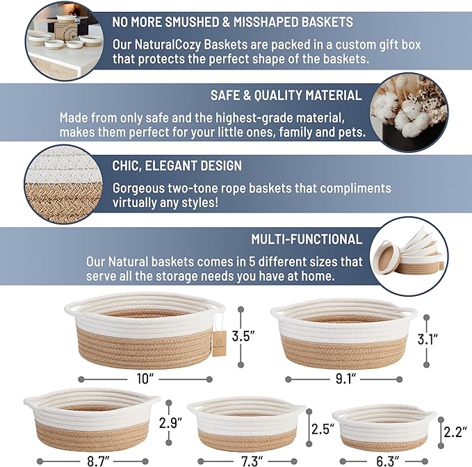 NaturalCozy 5-Piece Round Small Woven Baskets Set– Cotton Rope Baskets - Image 2