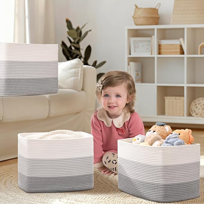 3 Pack Cube Storage Bin, 17”x12”x12” Cotton Rope Woven Baskets - Image 2
