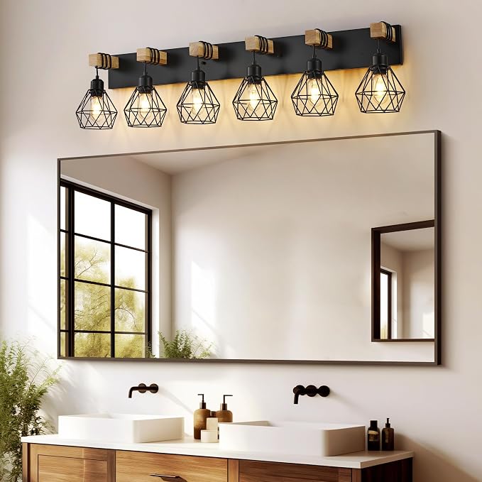 Farmhouse Bathroom Vanity Light Fixtures, 6-Light Wood Bathroom Light Fixtures - Image 2
