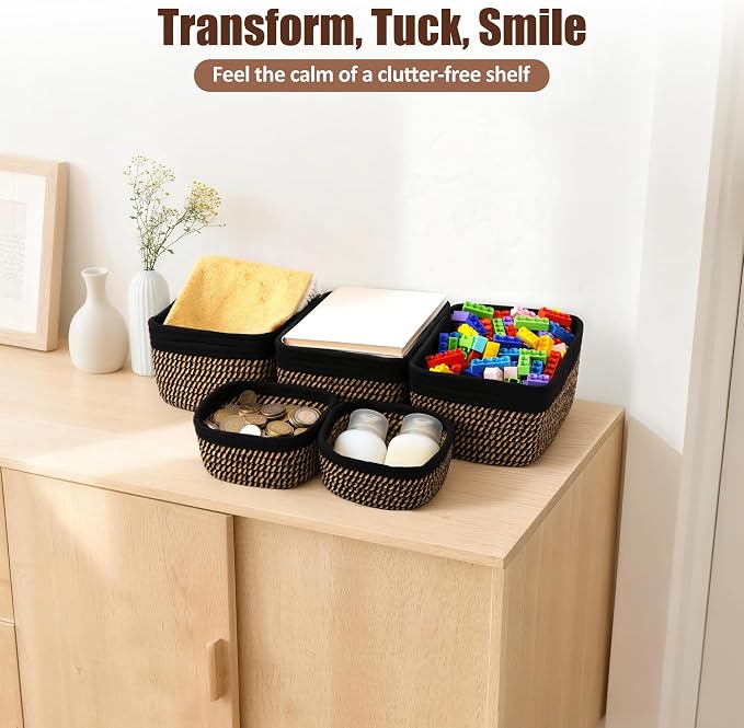 5-Pack Small Woven Rope Storage Baskets – 2 Sizes Organizer Bins - Image 5