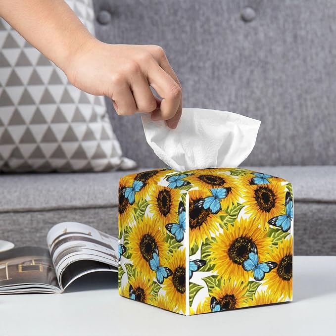 Sunflowers and Blue Butterflies Tissue Box Cover Square, Watercolor Sunflower - Image 6