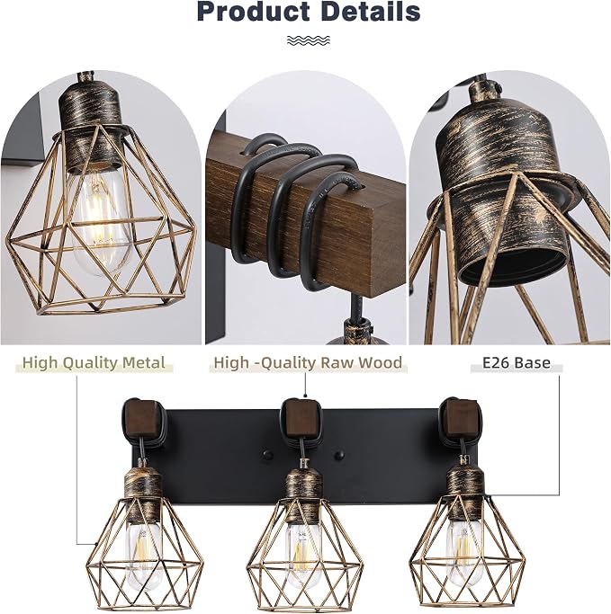 Farmhouse Bathroom Vanity Light Fixtures, 3-Light Black Gold Bathroom Light - Image 4