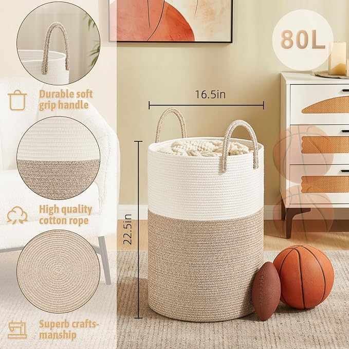 Laundry Basket, Woven Cotton Rope Laundry Hamper, 80L - Image 6