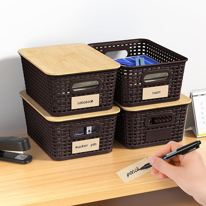 Plastic Storage Baskets with Bamboo Lids and Labels, Stackable Storage - Image 8