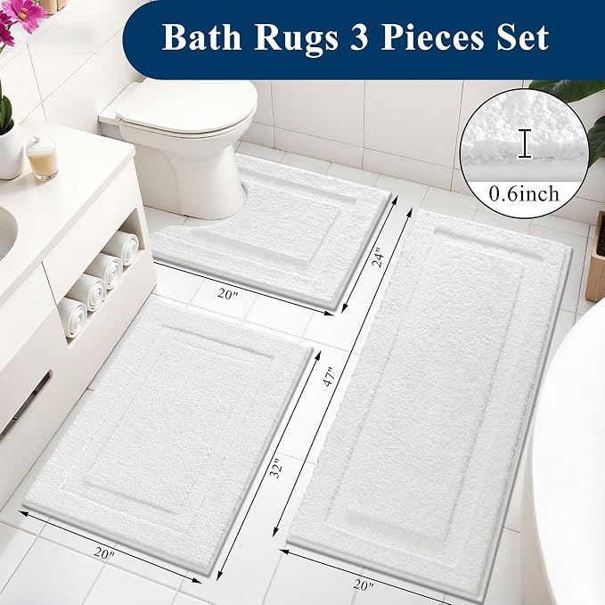 SHACOS White Bathroom Rugs Sets 3 Piece, Soft Fluffy Water Absorbent Bathroom - Image 2