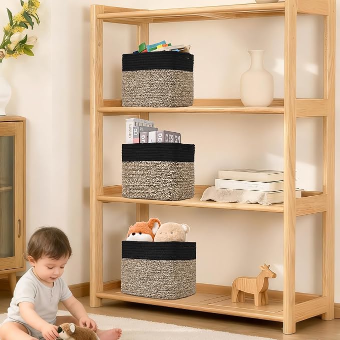 3 Pack Cube Storage Bin, 9”x9”x7” Cotton Rope Woven Baskets - Image 7