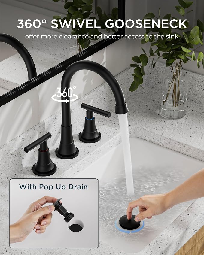 FORIOUS Black Bathroom Faucet 3 Hole Vanity, 2 Handle 360° Swivel Matte Black 8 - Image 6