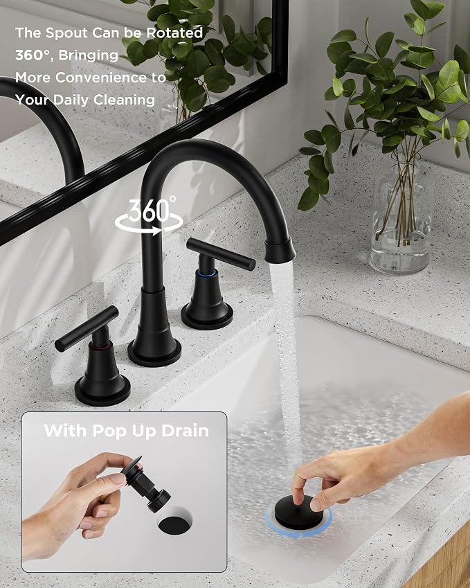FORIOUS Matte Black Bathroom Faucet 3 Holes Vanity, 2 Handle 360° Swivel 8 In - Image 4