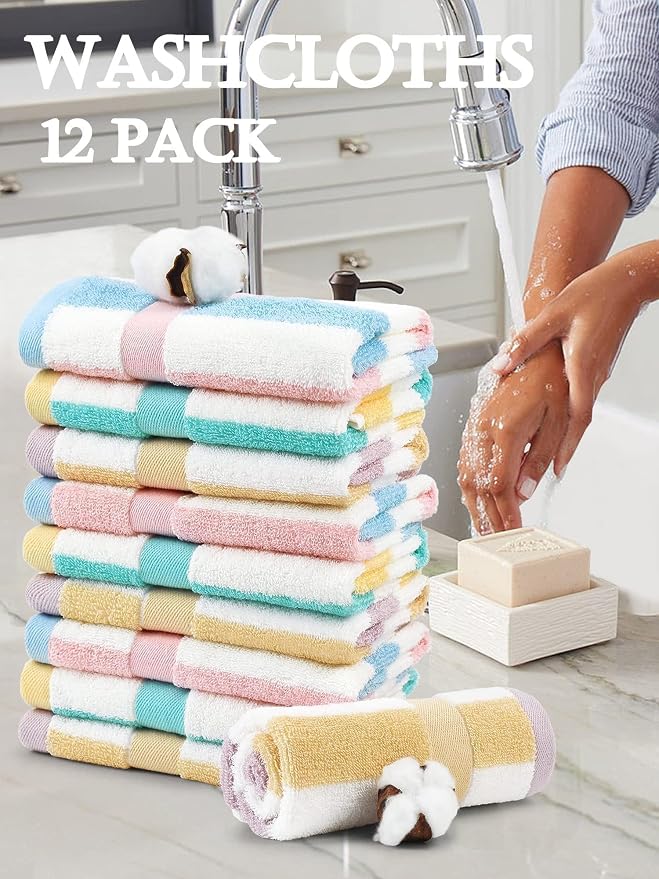 Jacquotha Cotton 12 Pack Striped Washcloths, 13 x 13 Inches, 3 Colors - Image 5