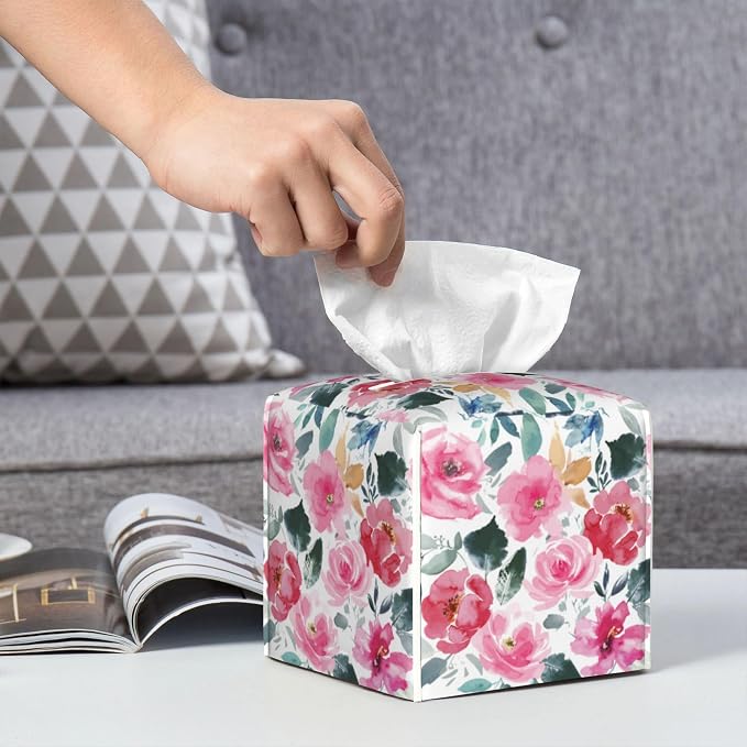 Pink Flowers and Green Leaves Tissue Box Cover Square, Abstract Watercolor - Image 6