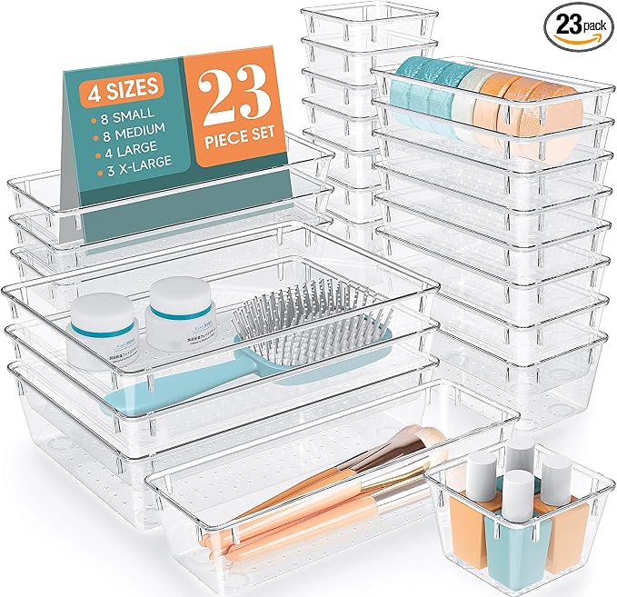 23 PCS Clear Plastic Drawer Organizers Set, 4 Size Desk Drawer Organizer Trays by StorMiracle