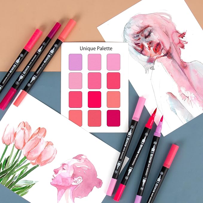 Pink Duo Tip Marker Pens, 12 Pack Fine & Brush Markers - Image 4