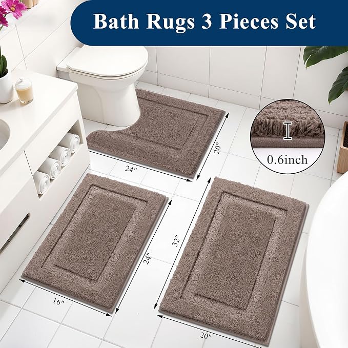 SHACOS Brown Bathroom Rugs Sets 3 Piece, Non-Slip Extra Soft Absorbent Bath Rug - Image 3