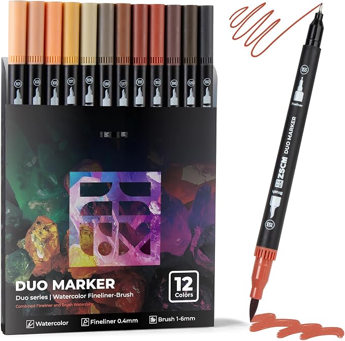 Skin Tone Duo Tip Marker Pens, 12 Pack Fine & Brush Markers by ZSCM