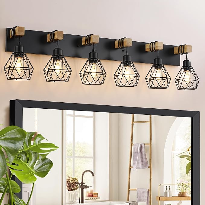 Farmhouse Bathroom Vanity Light Fixtures, 6-Light Wood Bathroom Light Fixtures by MAESTA