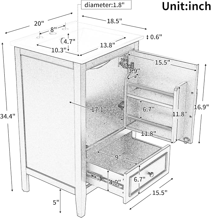 Bellemave 20 Inch Vanity with Sink, Free Standing Bathroom Vanity Cabinet with - Image 2