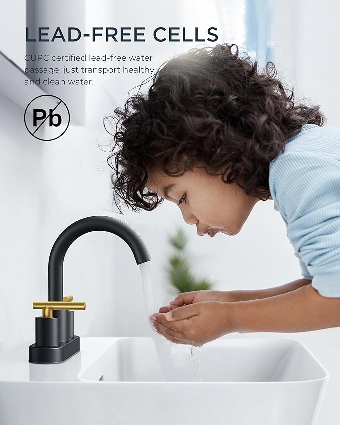 FORIOUS 4 in Black and Gold Bathroom Faucet Centerset, 2 Handle Matte Black - Image 4