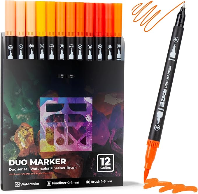 Orange Duo Tip Marker Pens, 12 Pack Fine & Brush Markers by ZSCM