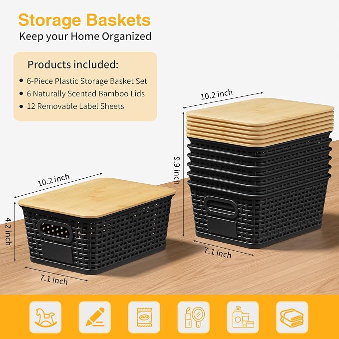 Plastic Storage Baskets with Bamboo Lids and Labels, Stackable Storage - Image 3
