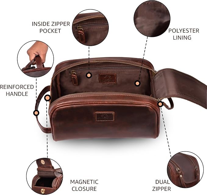 Premium Leather King Size Toiletry Travel Pouch – Handcrafted Dopp Kit - Image 5