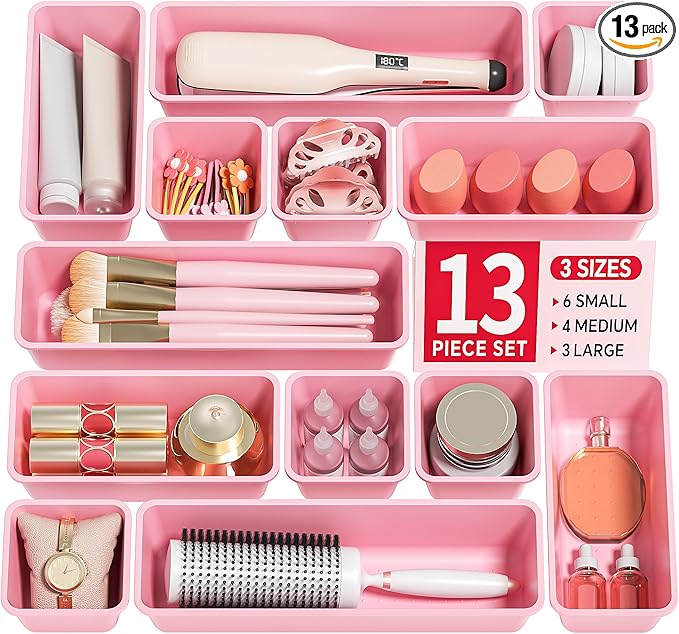 13 Pack Plastic Drawer Organizers Set, 3 Sizes Desk Drawer Organizer Trays by Canfanni